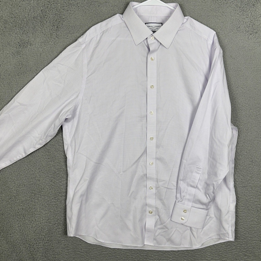 Charles Tyrwhitt Dress Shirt Mens 17.5-34 Slim Fit White Purple Micro Grid Check